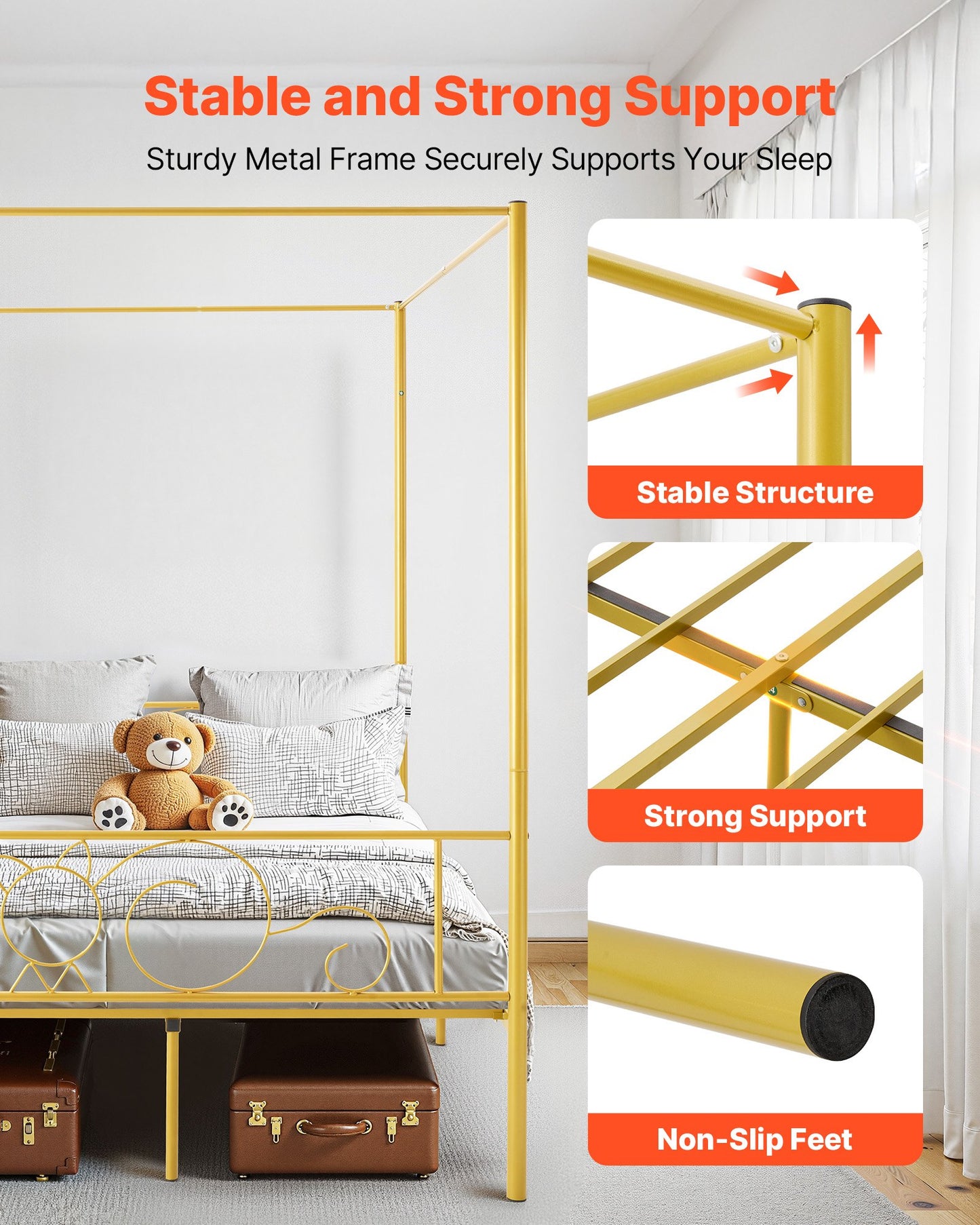 Full Size Canopy Bed Frame, Metal Canopy Bed With Minimalist Headboard & Four Posters Design, Heavy Duty Steel Slats Support, Underbed Storage Space, No Box Spring Needed, Easy Assembly, Gold