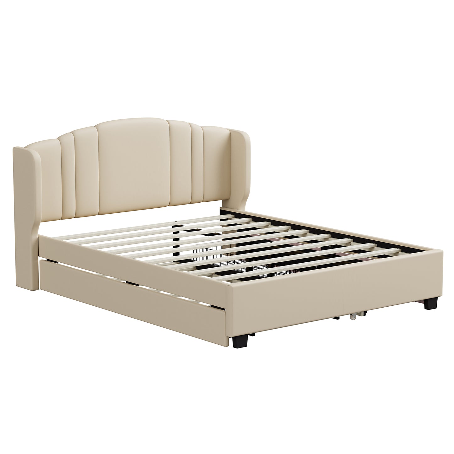 Upholstered Platform Bed With Wingback Headboard, One Twin Trundle And 2 Drawers, No Box Spring Needed, Linen Fabric, Queen Size, Beige