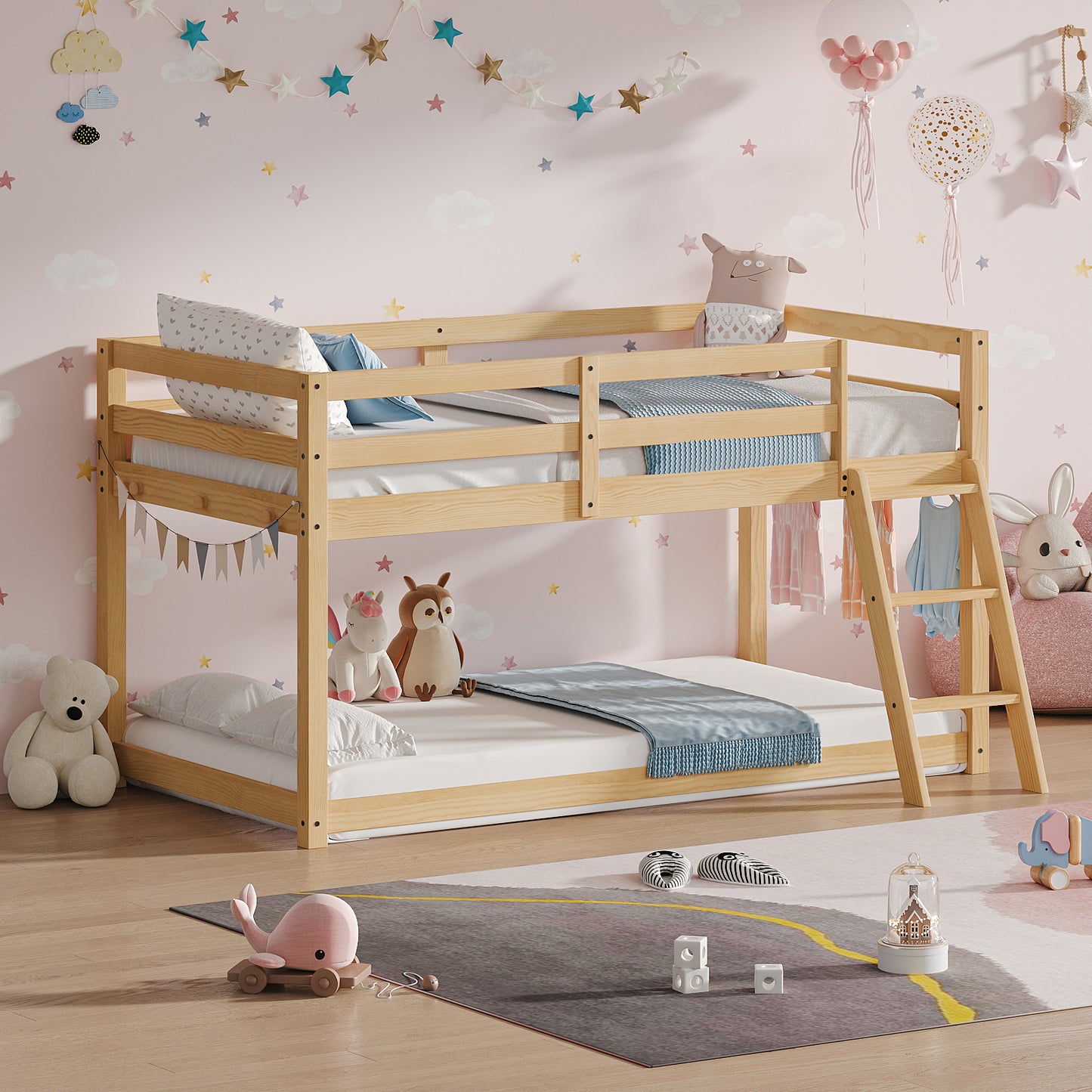 Kids Twin Low Loft Bed - Convertible To Bunk Bed, Solid Wood Modern Bed Frame With LED Strip Lighting, OAK.
