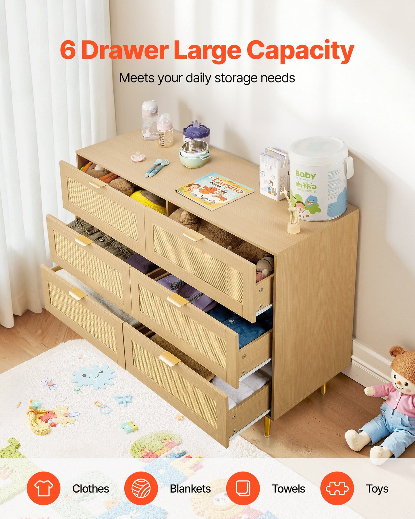6 Drawer Rattan Dresser, Double Dresser For Bedroom, Natural Rattan Chest Of Drawers With Metal Handles & Legs, Modern Wood Chest Clothing Organizer & Storage For Bedroom, Living Room, Hallway