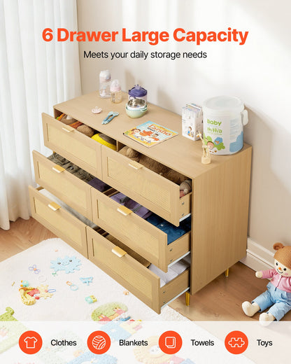 6 Drawer Rattan Dresser, Double Dresser For Bedroom, Natural Rattan Chest Of Drawers With Metal Handles & Legs, Modern Wood Chest Clothing Organizer & Storage For Bedroom, Living Room, Hallway