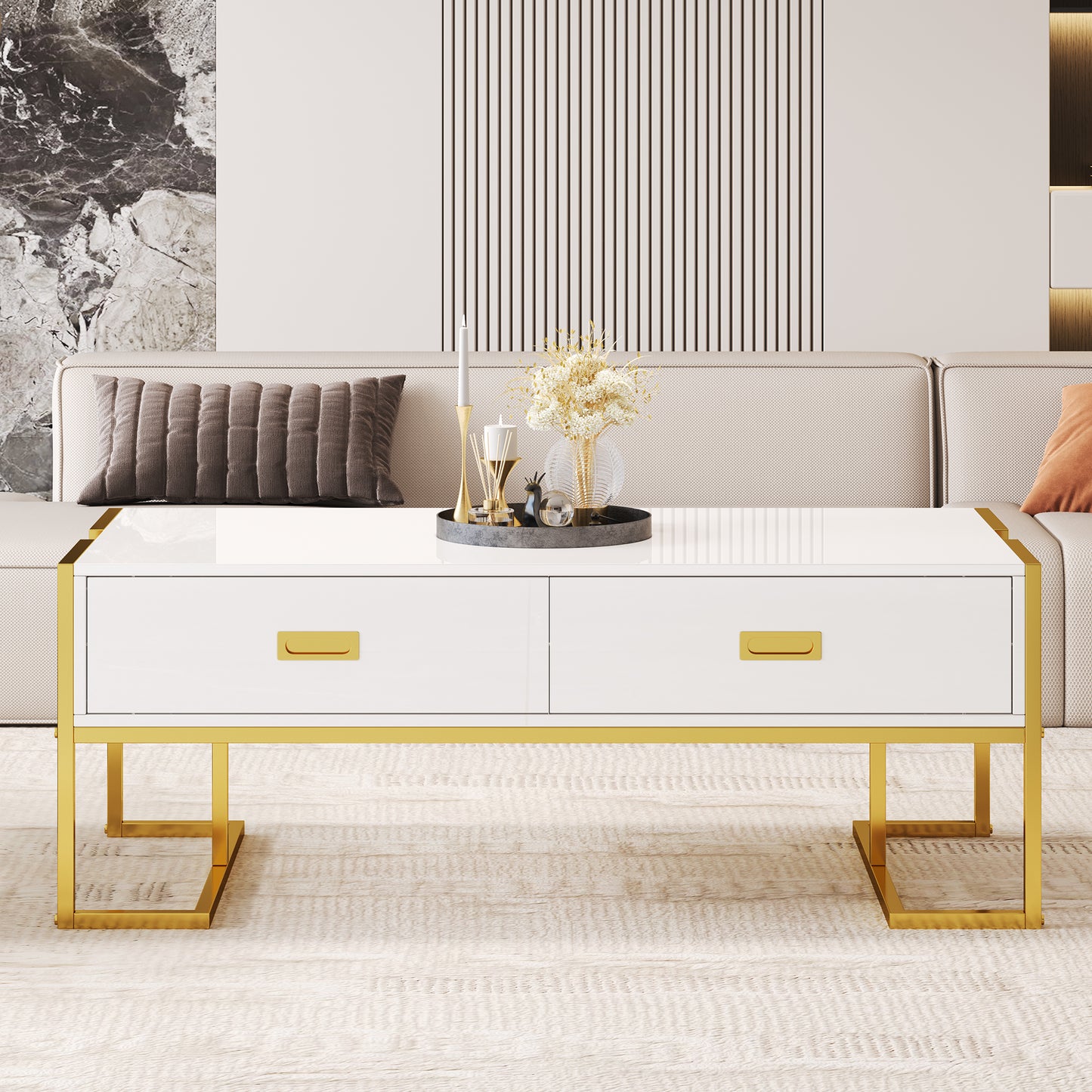 Modern White Rectangular Coffee Table With 4 Drawers And Gold Base In 47.3
