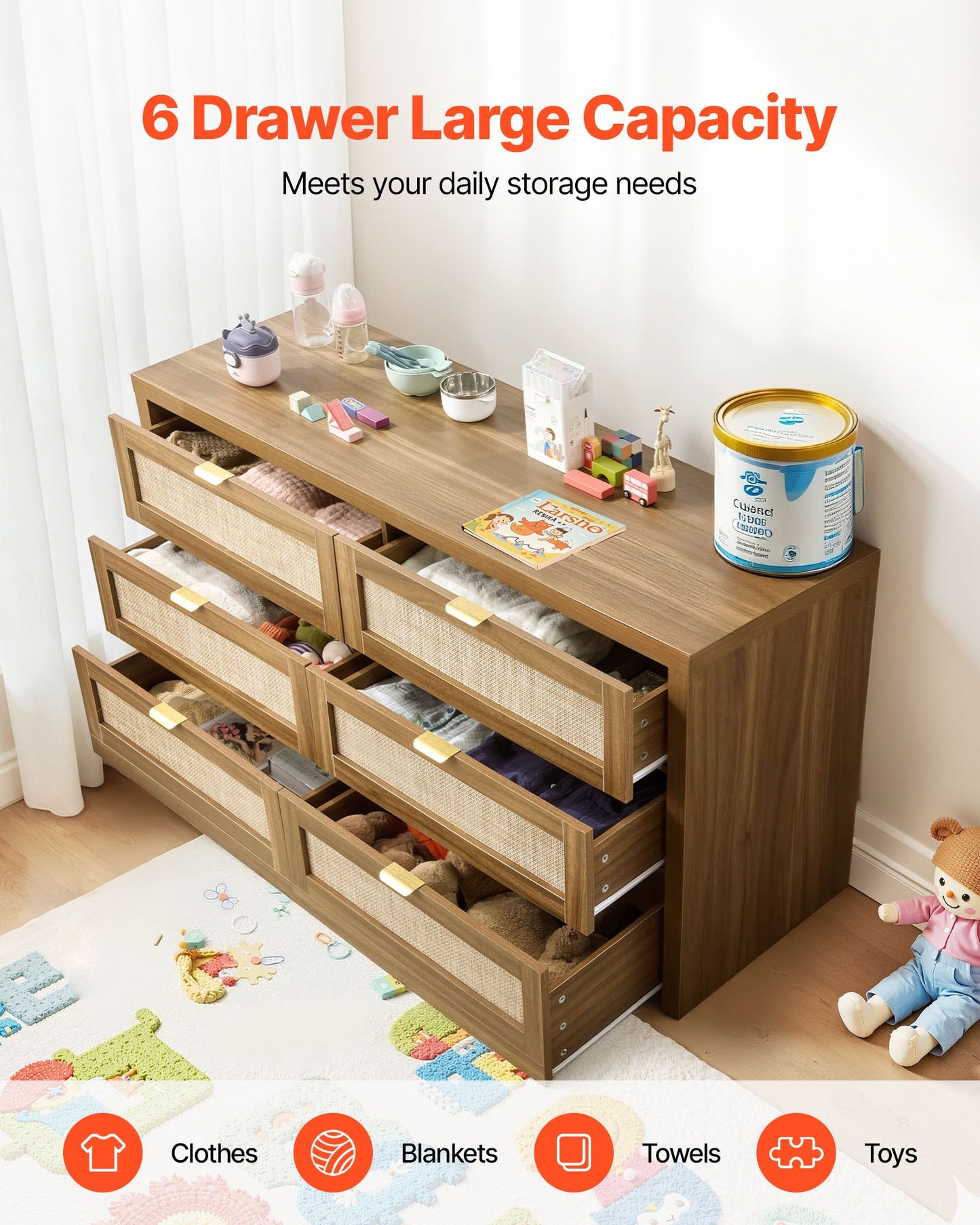 6 Drawer Rattan Dresser, Double Dresser For Bedroom, Natural Rattan Chest Of Drawer With Metal Handle, Modern Wood Chest Clothing Organizer & Storage For Bedroom, Living Room, Hallway, Walnut