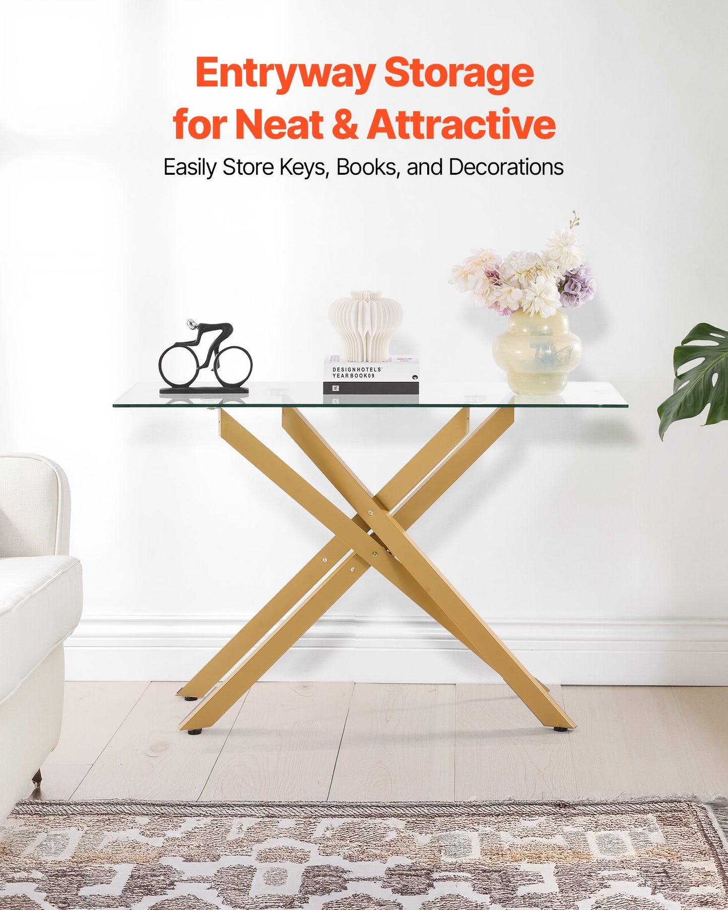 Glass Coffee Table, Modern Rectangle Sofa Side Table With Tempered Glass Top & Iron Cross-Legs, Golden Geometric Consloe Desk With Adjustable Anti-slip Foot Pads For Living Room, Entryway, Foyer