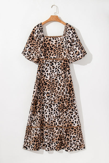 Leopard Square Neck Puff Sleeve Maxi Dress