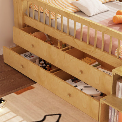 Low Loft Bed With LED Lights, Wooden Twin Loft Bed With House Shape Headboard, Kids Loft Bed With Storage Drawers, Natural Expect Arrival Date 2025 1 20