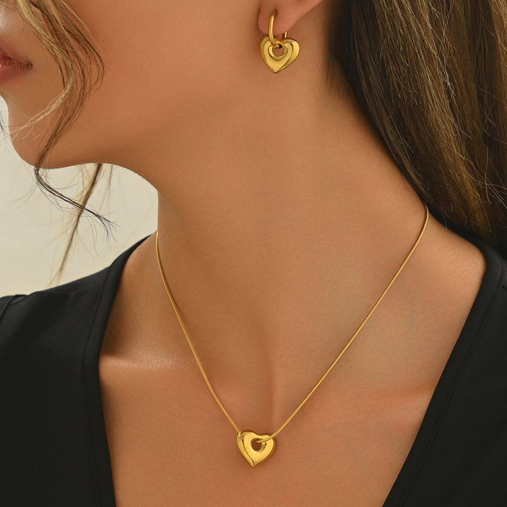 Lxalry 18K Gold Plated Stainless Steel Heart Pendant Necklace And Hoop Earrings Set For Women - Waterproof Hypoallergenic Elegant Gift For Girlfriend Birthday Wedding Anniversary Daily Wear