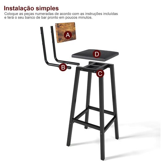 2 Bar Stools, Bar Height Stools, 29.1 Inches Tall Barstools With Back, Counter Bar Chairs For Kitchen Island, Steel Frame, Industrial Style, Easy Assembly, Rustic Brown And Ink Black