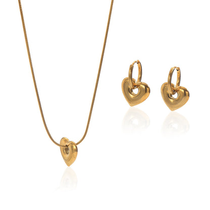 Lxalry 18K Gold Plated Stainless Steel Heart Pendant Necklace And Hoop Earrings Set For Women - Waterproof Hypoallergenic Elegant Gift For Girlfriend Birthday Wedding Anniversary Daily Wear