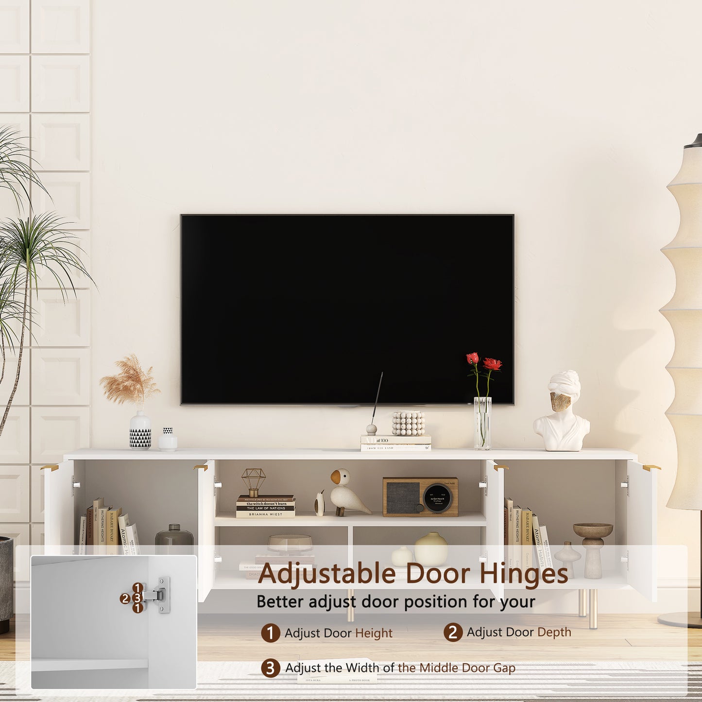 White Modern TV Stand Fluted T, Entertainment Center With Storage Doors, TV Console Media Cabinet, For 55 Inch TV, Living Room