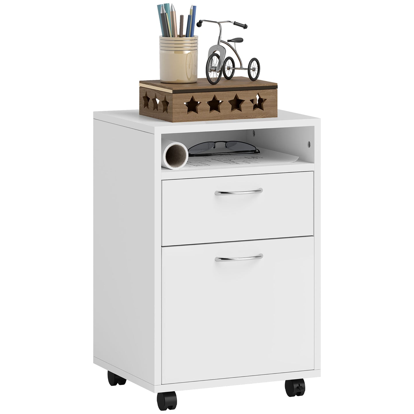 Mobile Storage Cabinet Organizer with Drawer and Cabinet, Printer Stand with Castors, White