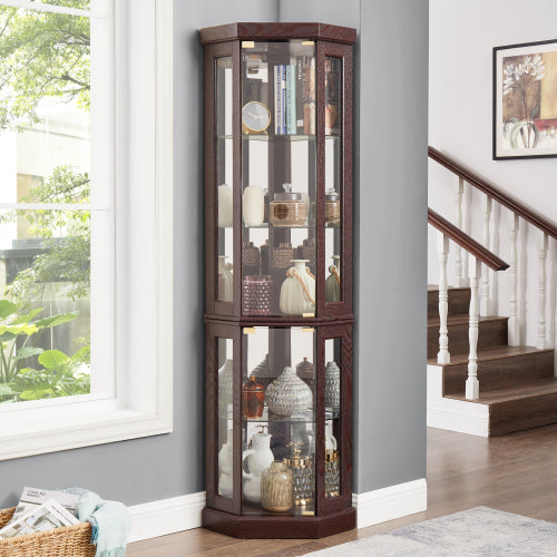 Corner Glass Cabinet Lighted Curio Cabinet Corner Display Case For Living Room, Curio Cabinet, Antique Collection, Wine,Bar Glass Storage Light Included,Dark Cherry