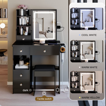 29.2 Small Size Drawer Desktop Vanity Table  Cushioned Stool, 2 AC-2 USB Power Station, Hair Dryer Bracket, Extra Large Touch Control Sliding LED Mirror, 3-color Switching, EPA, GCC, UL Certificate