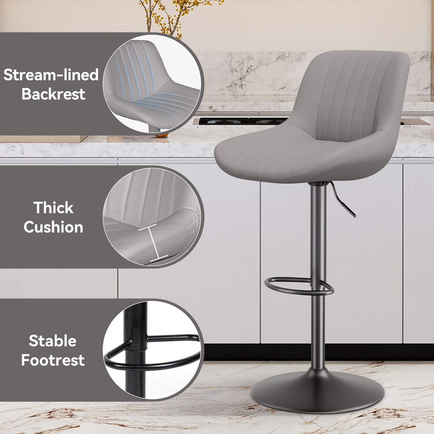 Bar Stools, Adjustable Modern Swivel Bar Stools With Backs, Counter Height Performance Fabric Island Chairs For Home Kitchen