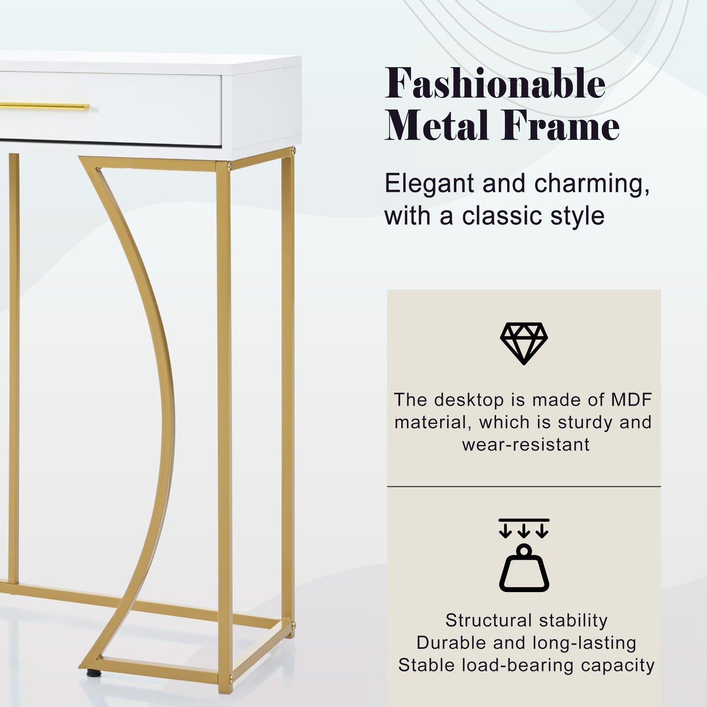 Console Table, Hallway Table With 2 Drawers, Light Luxury Style Side Table, Sofa Table, 110x32x85 Cm, White Gold