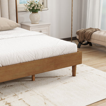 King Size Wood Bed With Piano Key Style Upholstered Headboard , Wood Bed With Strengthened Bed Frame ,Wheat