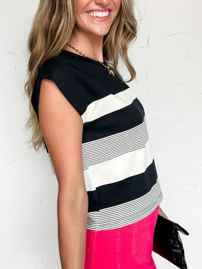 Stripe Mixed Print Crew Neck Cap Sleeve T Shirt