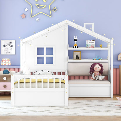 Twin Size House Bed With Sofa, Kids Platform Bed With Two Drawers And Storage Shelf, White