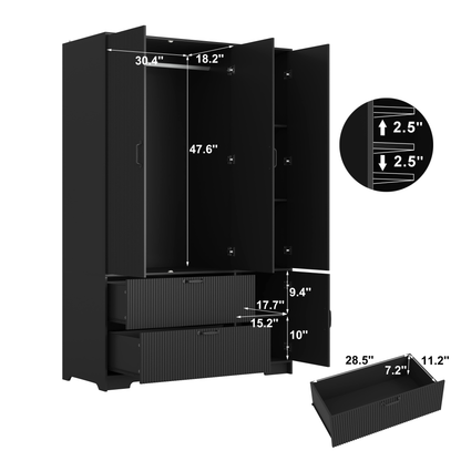 4 Doors Wardrobe Closet With Mirror, LED Wardrobe With Doors And 2 Drawers, Wooden Wardrobe Storage Cabinet With Hanging Rod, Adjustable Shelves, Black