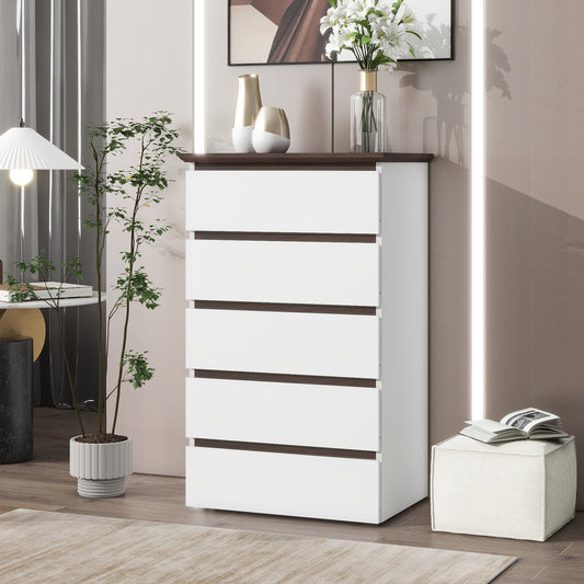 5 Drawer Dresser For Bedroom,  Modern Closet Dressers Chest Of Drawers, White & Walnut Color Storage Dresser Chest Cabinet Organizer Unit