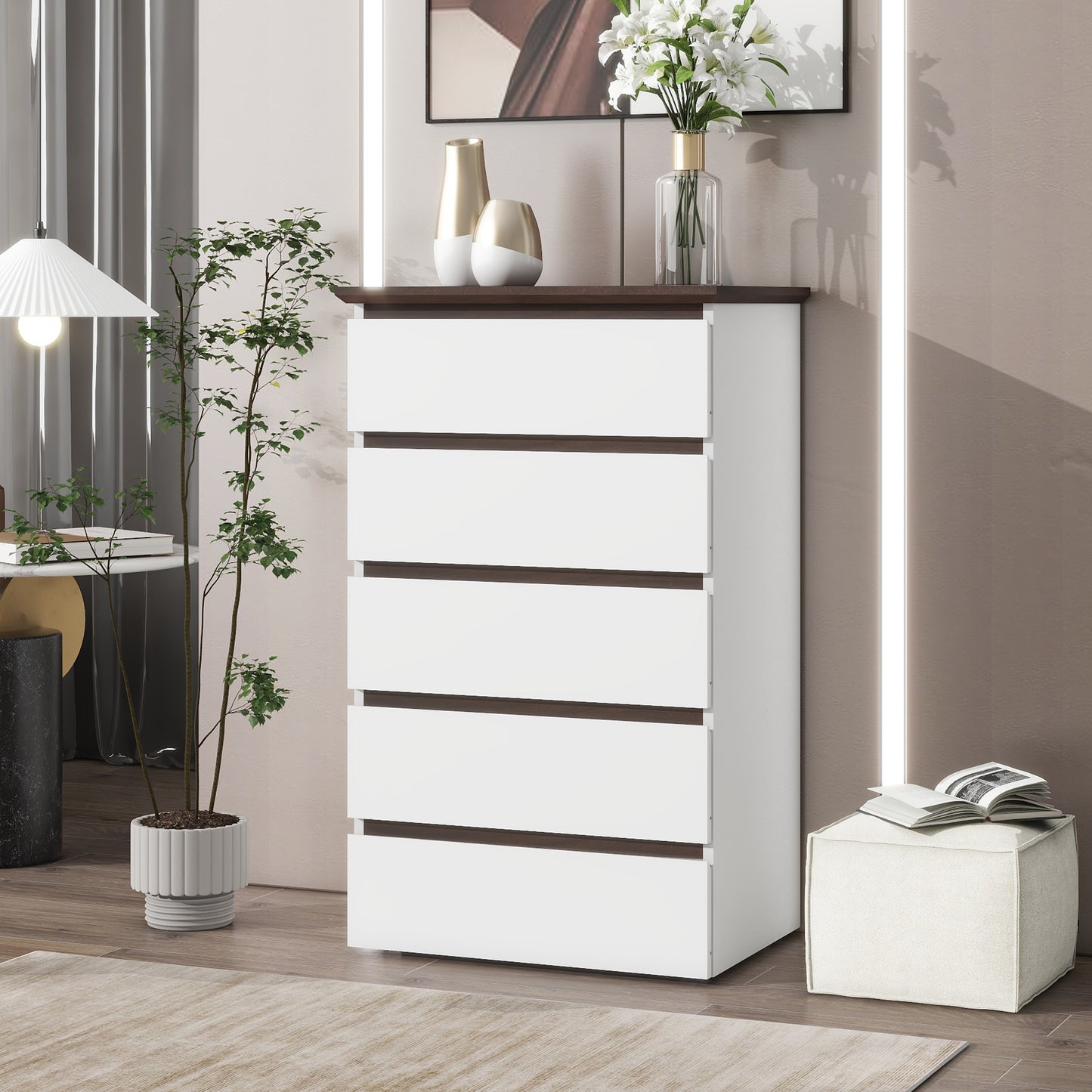 5 Drawer Dresser For Bedroom,  Modern Closet Dressers Chest Of Drawers, White & Walnut Color Storage Dresser Chest Cabinet Organizer Unit