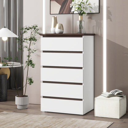 5 Drawer Dresser For Bedroom,  Modern Closet Dressers Chest Of Drawers, White & Walnut Color Storage Dresser Chest Cabinet Organizer Unit