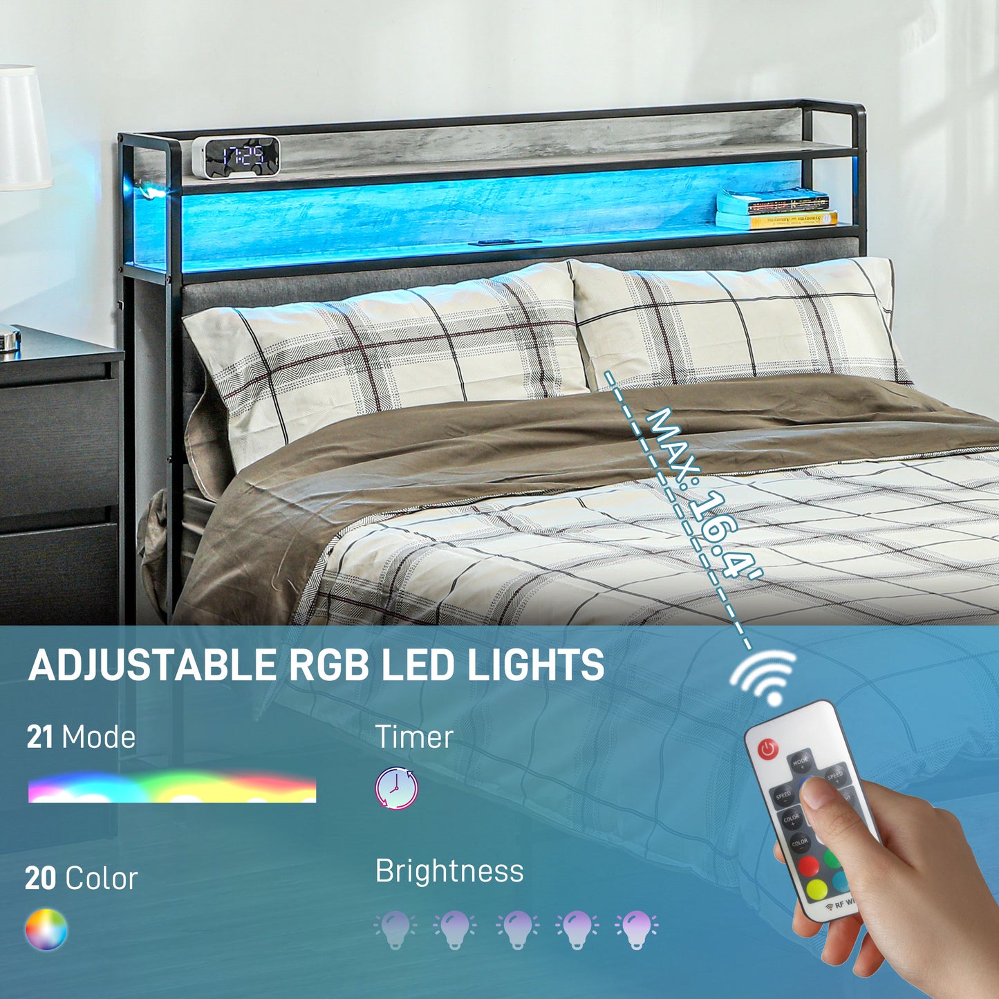 Full Bed Frame With Storage Upholstered Headboard, Full Size Bed Frame With LED Lights, Charging Station, Cement Gray
