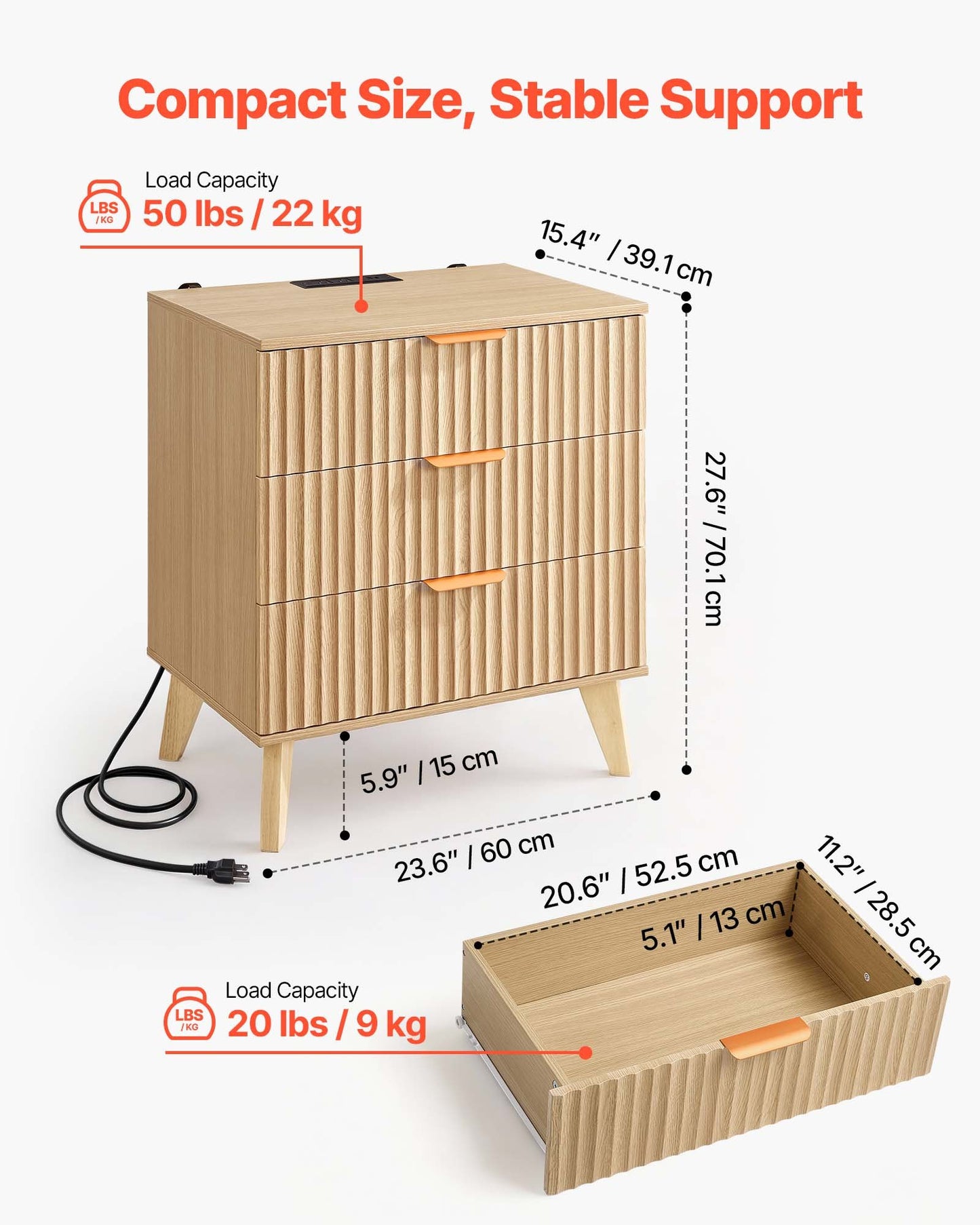 Fluted Nightstands With Charging Station, Set Of 2, Dresser For Bedroom With 3 Drawers, Mid Century Modern End Table, Bedside Cabinet Side Table Chest Of Dresser, For Bedroom, Living Room, Khaki