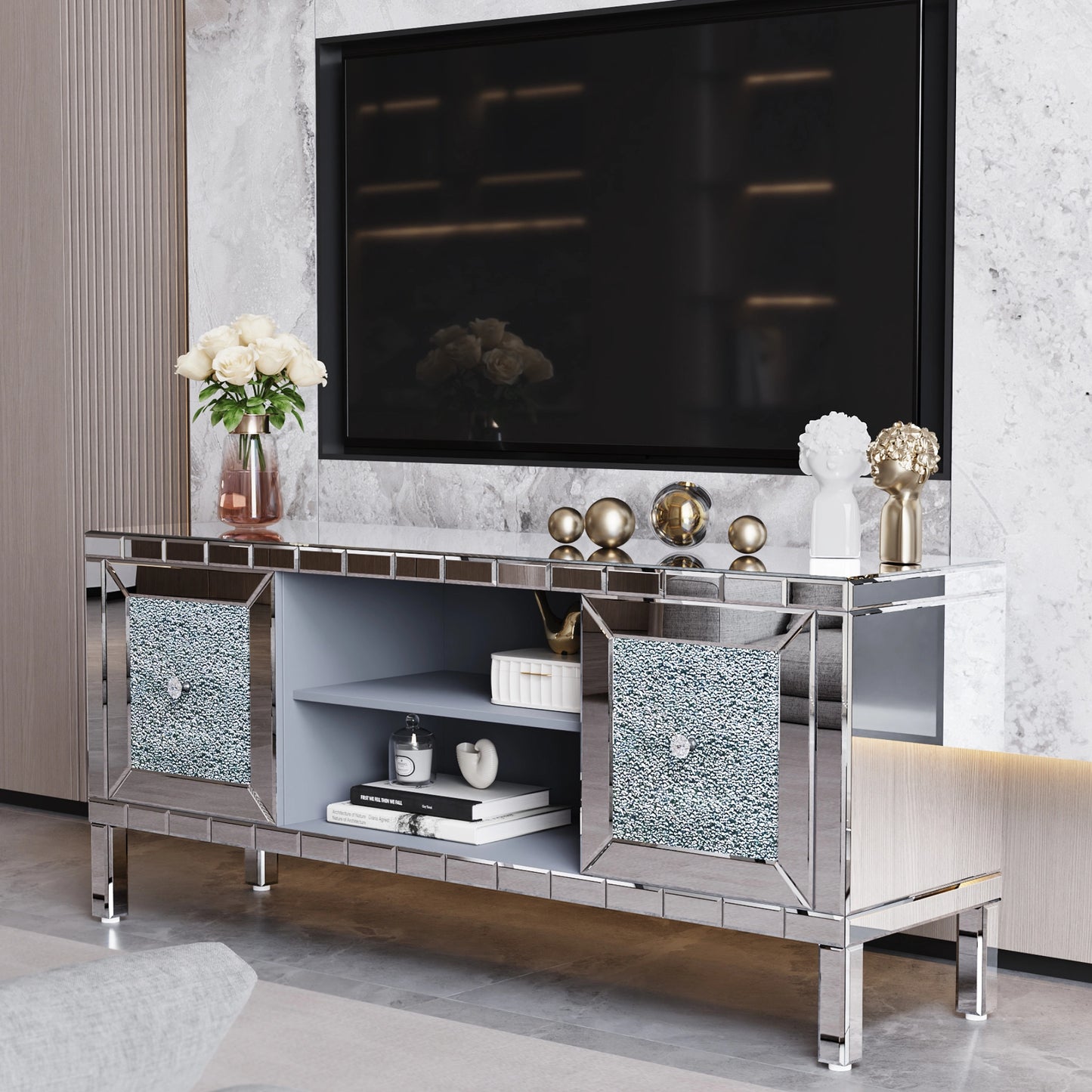 60 Mirrored TV Stand With Crushed Diamond Glass Doors - Modern Media Entertainment Center For Living Room, Adjustable Storage TV Console Table For 65-Inch TV
