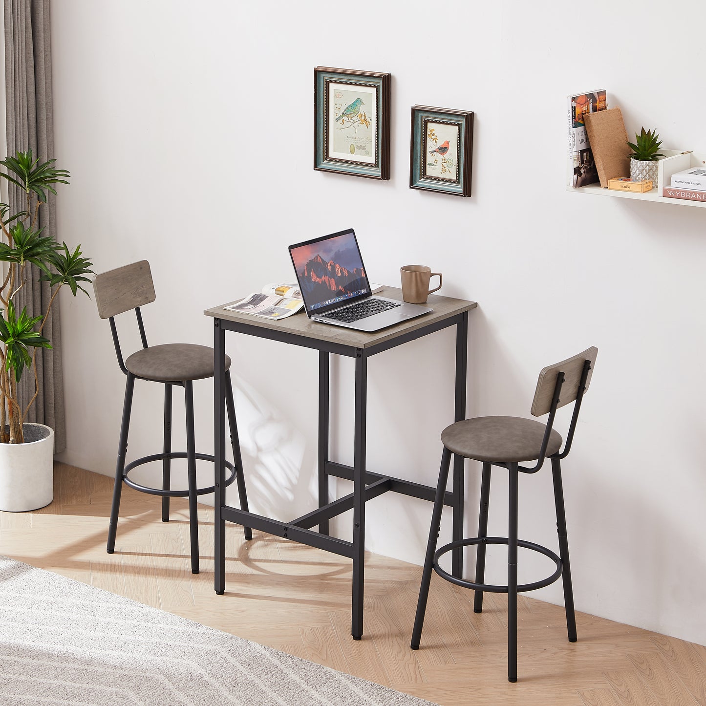 Bar Table Set With 2 Bar Stools PU Soft Seat With Backrest, Grey, 23.62  W X 23.62  D X 35.43  H