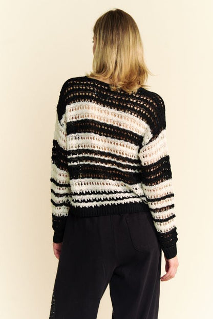 Back To School Sweater - Davi & Dani Contrast Striped Crochet Drop Shoulder Knit Cover Up