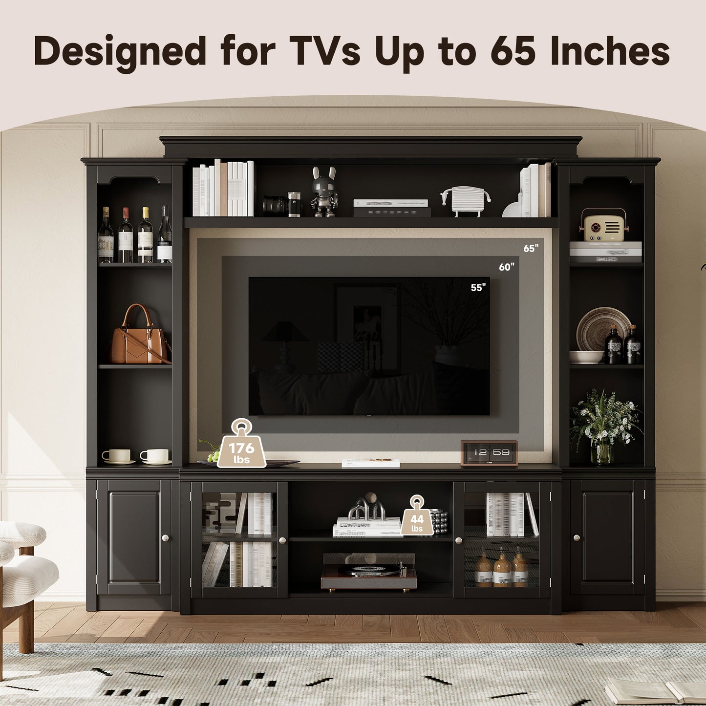 All-in-One Modern TV Stand With Bookcase For TVs Up To 65-inch, Entertainment Center With 4 Adjustable Shelves,Tempered Glass Doors, Display Storage Cabinet, Ample Storage Space TV Stand
