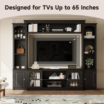 All-in-One Modern TV Stand With Bookcase For TVs Up To 65-inch, Entertainment Center With 4 Adjustable Shelves,Tempered Glass Doors, Display Storage Cabinet, Ample Storage Space TV Stand