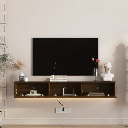 Floating TV Stand, Wall Mounted TV Shelf With Led Lights & Power Outlet,High Gloss TV Cabinet For Wood Tv Stands For Living Room