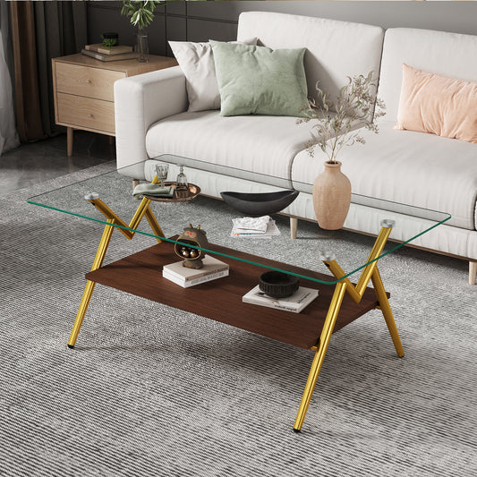 Rectangle Coffee Table With Tempered Glass Top And Golden Metal Legs, Modern Table For Living Room , Transparent Glass