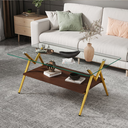 Rectangle Coffee Table With Tempered Glass Top And Golden Metal Legs, Modern Table For Living Room , Transparent Glass