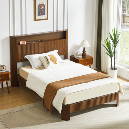 Full Extra Long Full XL  Size Bed Frame With Storage Headboard, Built-in Charging Station, Wavy Curved Lines Design, Silent Operation, Metal Support, Walnut