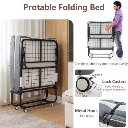 Folding Bed Cot With Mattress For Adults,  Foldable Metal Frame Bed For Guest With Memory Foam Mattress On Wheels, Saving Space Rollaway Bed