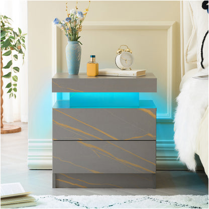 Nightstand LED Bedside Table Cabinet Lights Modern End Side With 2 Drawers For Bedroom Grey Gold