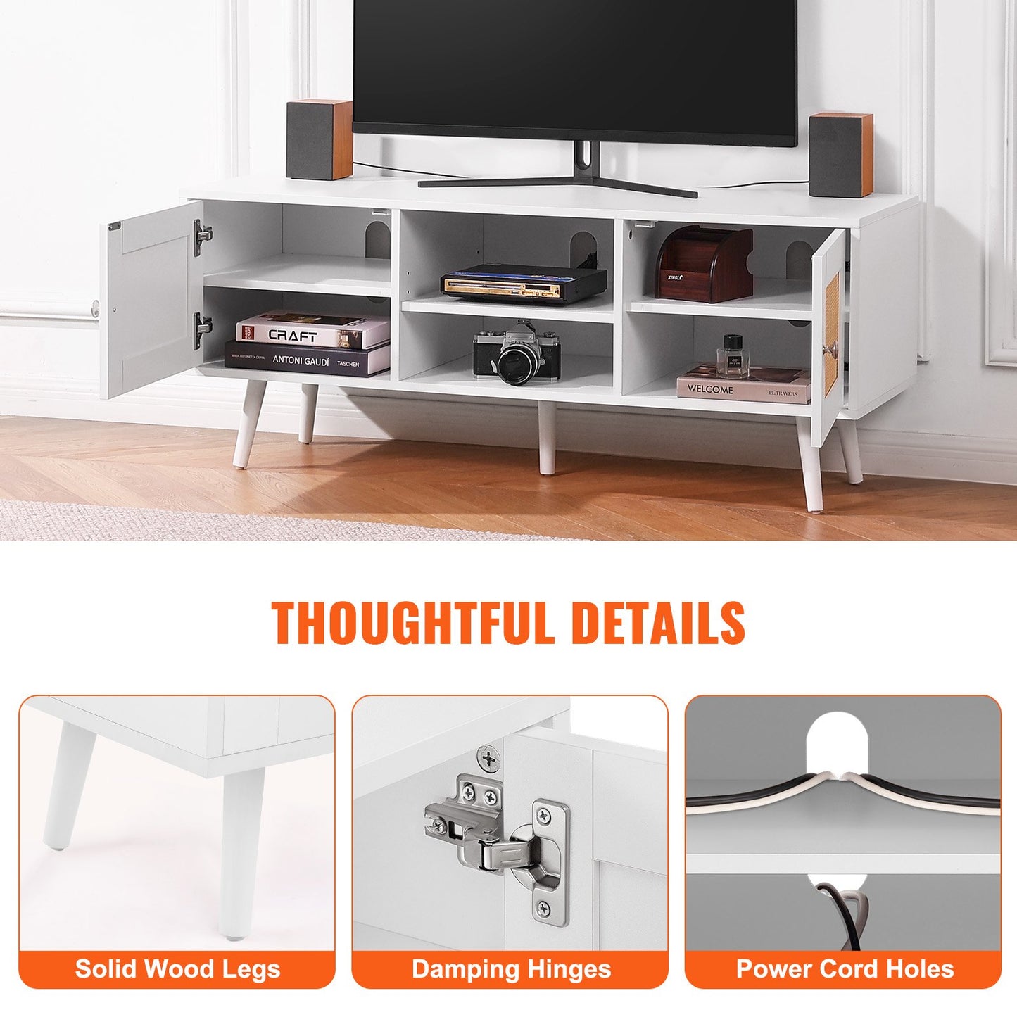 Rattan TV Stand, Boho TV Cabinet For 55 Inch TV, Mid Century Modern TV Stand, Rattan TV Console With Adjustable Shelfs For  Living Room, Media Room, White