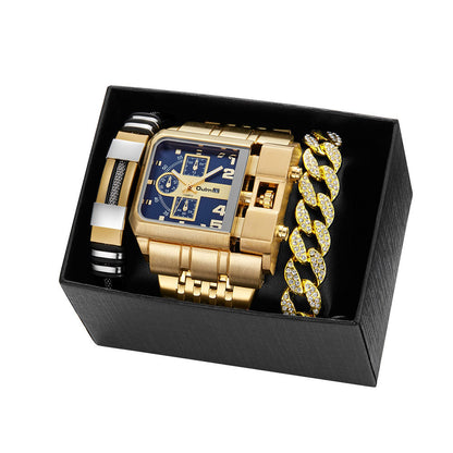 Multi-timezone Large-dial Luminous Men's Watch With Steel Strapcasual Cross-border Quartz Wristwatch