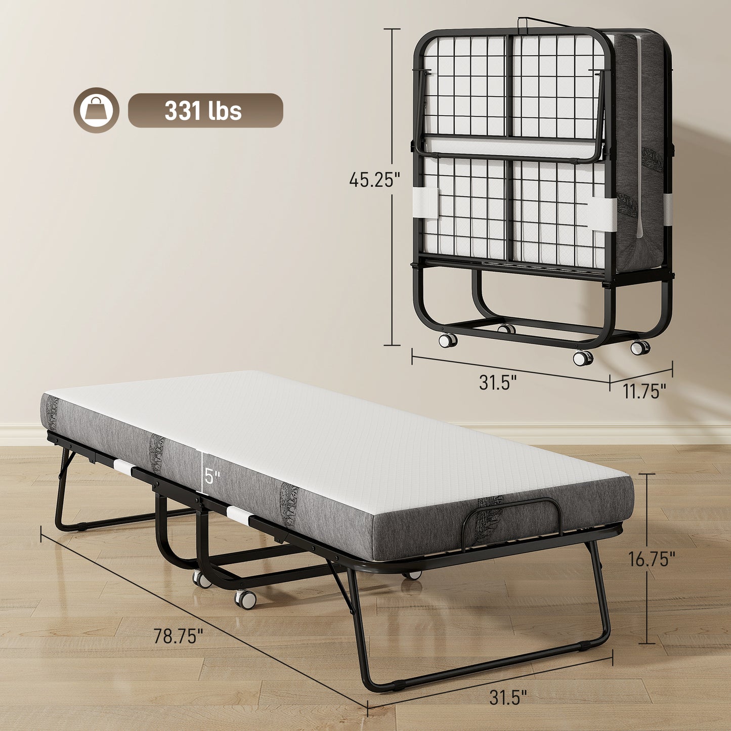 Folding Bed with Mattress for Adults, Single Size, Portable Foldable Bed with Memory Foam Mattress & Steel Frame, White