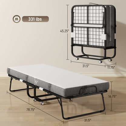 Folding Bed with Mattress for Adults, Single Size, Portable Foldable Bed with Memory Foam Mattress & Steel Frame, White