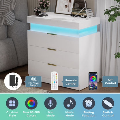 Nightstand With Charging Station And LED Lights,Night Stand With Sliding Top For Bedroom,Bedside Table With Drawers,Modern End Side Table,White.28.8 W X 17 D X 30.5 H.