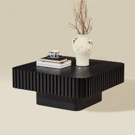 Modern 35.43 Inch Handcraft Drum Coffee Table Square Coffee Table For Living Room,Small Wooden Coffee Table With Sturdy MDF Pedesta,Black Color