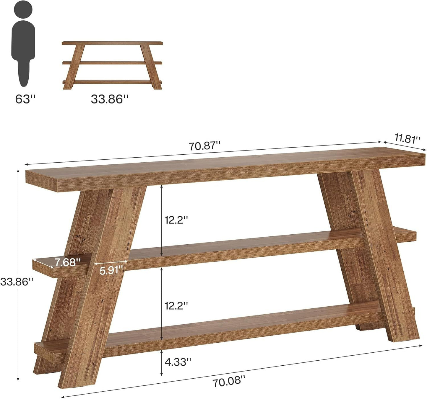 70.9" Extra Long Console Table With Storage, 3-Tier Narrow Wooden Sofa Table Behind The Couch
