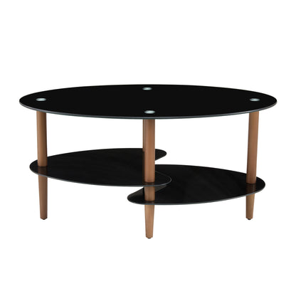 Black Oval Glass Coffee Table, Modern Table In Living Room Oak Wood Leg Tea Table 3-layer  Tempered Glass Table