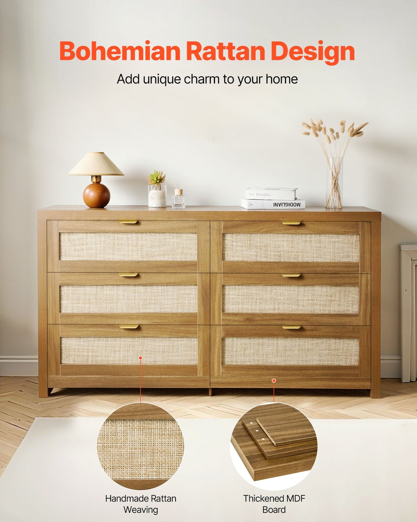 6 Drawer Rattan Dresser, Double Dresser For Bedroom, Natural Rattan Chest Of Drawer With Metal Handle, Modern Wood Chest Clothing Organizer & Storage For Bedroom, Living Room, Hallway, Walnut