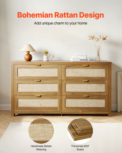 6 Drawer Rattan Dresser, Double Dresser For Bedroom, Natural Rattan Chest Of Drawer With Metal Handle, Modern Wood Chest Clothing Organizer & Storage For Bedroom, Living Room, Hallway, Walnut