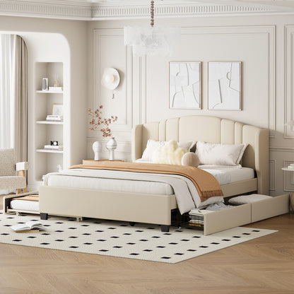 Upholstered Platform Bed With Wingback Headboard, One Twin Trundle And 2 Drawers, No Box Spring Needed, Linen Fabric, Queen Size, Beige